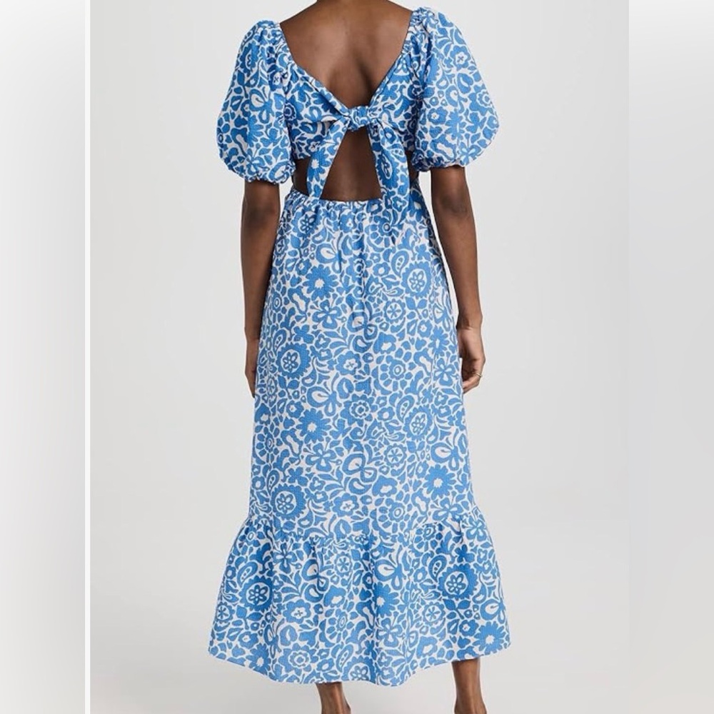 English Factory Seersucker Cotton Tie Back Maxi Floral Blue & White Dress Large